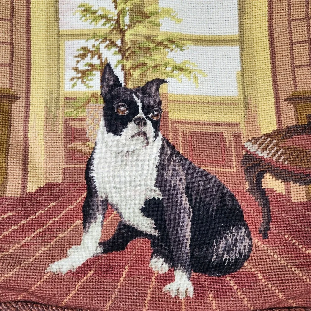 Boston Terrier Needlepoint Throw Pillow cover Wool Tassel Fringe Velvet 16x16